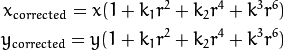 x_{corrected} = x( 1 + k_1 r^2 + k_2 r^4 + k^3 r^6) \\
y_{corrected} = y( 1 + k_1 r^2 + k_2 r^4 + k^3 r^6)