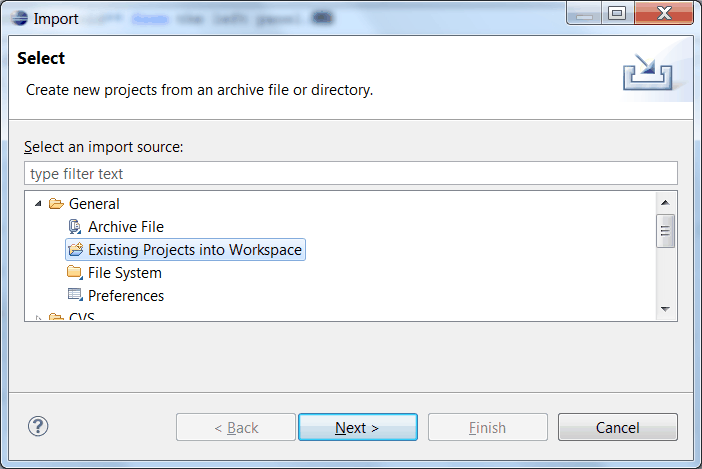 General > Existing Projects into Workspace