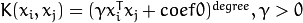 K(x_i, x_j) = (\gamma x_i^T x_j + coef0)^{degree}, \gamma > 0