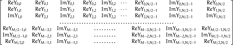 \begin{bmatrix} Re Y_{0,0} & Re Y_{0,1} & Im Y_{0,1} & Re Y_{0,2} & Im Y_{0,2} &  \cdots & Re Y_{0,N/2-1} & Im Y_{0,N/2-1} & Re Y_{0,N/2}  \\ Re Y_{1,0} & Re Y_{1,1} & Im Y_{1,1} & Re Y_{1,2} & Im Y_{1,2} &  \cdots & Re Y_{1,N/2-1} & Im Y_{1,N/2-1} & Re Y_{1,N/2}  \\ Im Y_{1,0} & Re Y_{2,1} & Im Y_{2,1} & Re Y_{2,2} & Im Y_{2,2} &  \cdots & Re Y_{2,N/2-1} & Im Y_{2,N/2-1} & Im Y_{1,N/2}  \\ \hdotsfor{9} \\ Re Y_{M/2-1,0} &  Re Y_{M-3,1}  & Im Y_{M-3,1} &  \hdotsfor{3} & Re Y_{M-3,N/2-1} & Im Y_{M-3,N/2-1}& Re Y_{M/2-1,N/2}  \\ Im Y_{M/2-1,0} &  Re Y_{M-2,1}  & Im Y_{M-2,1} &  \hdotsfor{3} & Re Y_{M-2,N/2-1} & Im Y_{M-2,N/2-1}& Im Y_{M/2-1,N/2}  \\ Re Y_{M/2,0}  &  Re Y_{M-1,1} &  Im Y_{M-1,1} &  \hdotsfor{3} & Re Y_{M-1,N/2-1} & Im Y_{M-1,N/2-1}& Re Y_{M/2,N/2} \end{bmatrix}