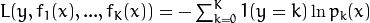 L(y,f_1(x),...,f_K(x)) = -\sum^K_{k=0}1(y=k)\ln{p_k(x)}