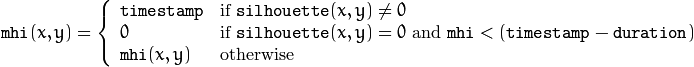 \texttt{mhi} (x,y)= \forkthree{\texttt{timestamp}}{if $\texttt{silhouette}(x,y) \ne 0$}{0}{if $\texttt{silhouette}(x,y) = 0$ and $\texttt{mhi} < (\texttt{timestamp} - \texttt{duration})$}{\texttt{mhi}(x,y)}{otherwise}