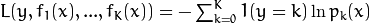 L(y,f_1(x),...,f_K(x)) = -\sum^K_{k=0}1(y=k)\ln{p_k(x)}