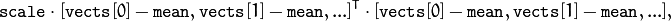 \texttt{scale}   \cdot  [  \texttt{vects}  [0]-  \texttt{mean}  , \texttt{vects}  [1]-  \texttt{mean}  ,...]^T  \cdot  [ \texttt{vects}  [0]- \texttt{mean}  , \texttt{vects}  [1]- \texttt{mean}  ,...],