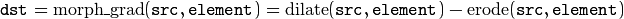 \texttt{dst} = \mathrm{morph\_grad} ( \texttt{src} , \texttt{element} )= \mathrm{dilate} ( \texttt{src} , \texttt{element} )- \mathrm{erode} ( \texttt{src} , \texttt{element} )