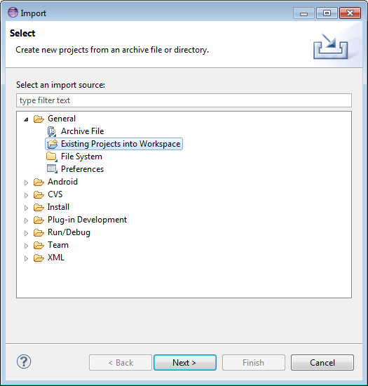 General > Existing Projects into Workspace