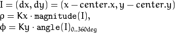 \begin{array}{l}
I = (dx,dy) = (x - center.x,y - center.y) \\
\rho = Kx \cdot \texttt{magnitude} (I) ,\\
\phi = Ky \cdot \texttt{angle} (I)_{0..360 deg}
\end{array}