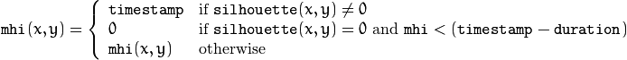 \texttt{mhi} (x,y)= \forkthree{\texttt{timestamp}}{if $\texttt{silhouette}(x,y) \ne 0$}{0}{if $\texttt{silhouette}(x,y) = 0$ and $\texttt{mhi} < (\texttt{timestamp} - \texttt{duration})$}{\texttt{mhi}(x,y)}{otherwise}