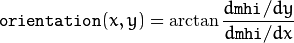 \texttt{orientation} (x,y)= \arctan{\frac{d\texttt{mhi}/dy}{d\texttt{mhi}/dx}}