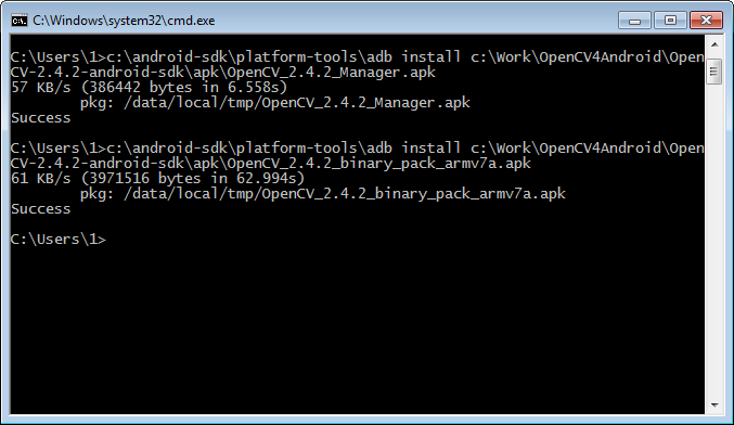 Run these commands in the console to install OpenCV Manager
