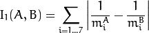 I_1(A,B) =  \sum _{i=1...7}  \left |  \frac{1}{m^A_i} -  \frac{1}{m^B_i} \right |