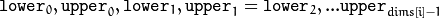 \texttt{lower}_0, \texttt{upper}_0,
\texttt{lower}_1, \texttt{upper}_1 = \texttt{lower}_2,
...
\texttt{upper}_{dims[i]-1}