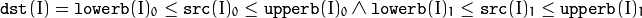 \texttt{dst} (I)= \texttt{lowerb} (I)_0 \leq \texttt{src} (I)_0 \leq \texttt{upperb} (I)_0 \land \texttt{lowerb} (I)_1 \leq \texttt{src} (I)_1 \leq \texttt{upperb} (I)_1