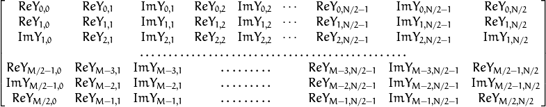 \begin{bmatrix} Re Y_{0,0} & Re Y_{0,1} & Im Y_{0,1} & Re Y_{0,2} & Im Y_{0,2} &  \cdots & Re Y_{0,N/2-1} & Im Y_{0,N/2-1} & Re Y_{0,N/2}  \\ Re Y_{1,0} & Re Y_{1,1} & Im Y_{1,1} & Re Y_{1,2} & Im Y_{1,2} &  \cdots & Re Y_{1,N/2-1} & Im Y_{1,N/2-1} & Re Y_{1,N/2}  \\ Im Y_{1,0} & Re Y_{2,1} & Im Y_{2,1} & Re Y_{2,2} & Im Y_{2,2} &  \cdots & Re Y_{2,N/2-1} & Im Y_{2,N/2-1} & Im Y_{1,N/2}  \\ \hdotsfor{9} \\ Re Y_{M/2-1,0} &  Re Y_{M-3,1}  & Im Y_{M-3,1} &  \hdotsfor{3} & Re Y_{M-3,N/2-1} & Im Y_{M-3,N/2-1}& Re Y_{M/2-1,N/2}  \\ Im Y_{M/2-1,0} &  Re Y_{M-2,1}  & Im Y_{M-2,1} &  \hdotsfor{3} & Re Y_{M-2,N/2-1} & Im Y_{M-2,N/2-1}& Im Y_{M/2-1,N/2}  \\ Re Y_{M/2,0}  &  Re Y_{M-1,1} &  Im Y_{M-1,1} &  \hdotsfor{3} & Re Y_{M-1,N/2-1} & Im Y_{M-1,N/2-1}& Re Y_{M/2,N/2} \end{bmatrix}