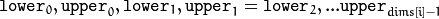 \texttt{lower}_0, \texttt{upper}_0,
\texttt{lower}_1, \texttt{upper}_1 = \texttt{lower}_2,
...
\texttt{upper}_{dims[i]-1}