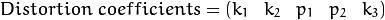 Distortion \; coefficients=(k_1 \hspace{10pt} k_2 \hspace{10pt} p_1 \hspace{10pt} p_2 \hspace{10pt} k_3)